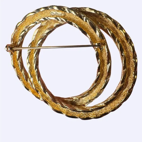 Vintage Dior Gold Tone Triple Interlocking Circle Brooch Textured Rope Pin 1980s - Picture 3 of 3